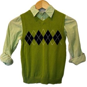 *Boys Bundle* Lime Green Gingham Dress Shirt with Green/Blue Argyle Sweater Vest